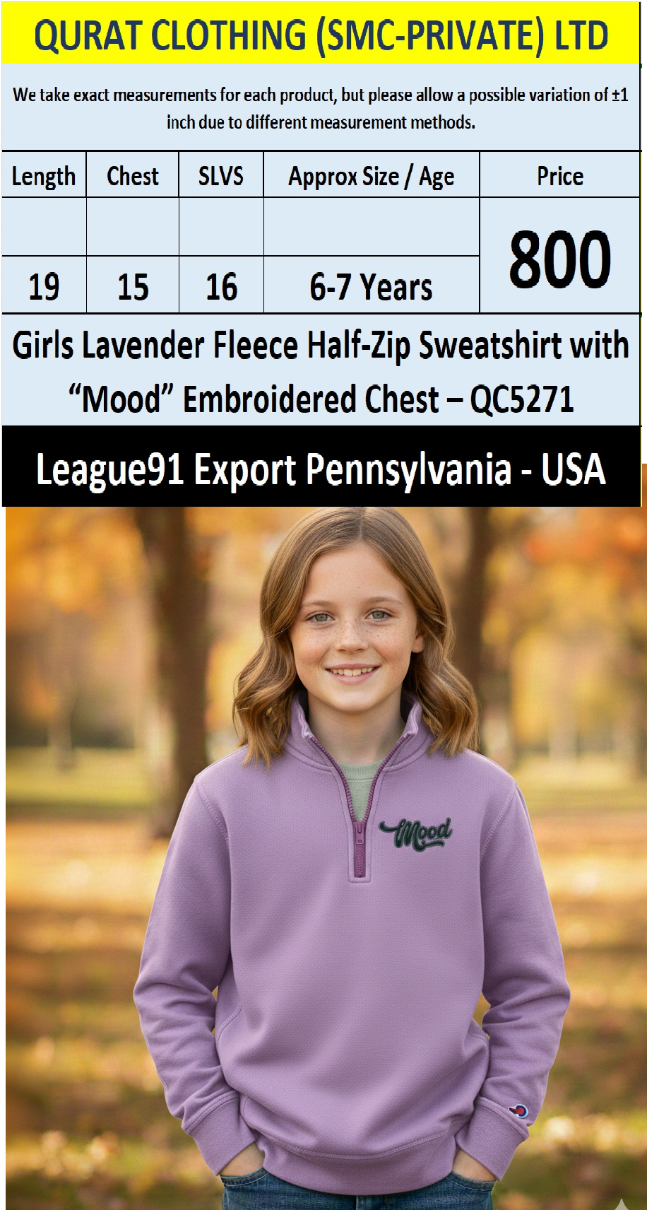 League91 Lavender Fleece Half-Zip Girls Sweatshirt with “Mood” Embroidered Chest QC5271 – Export Pennsylvania USA