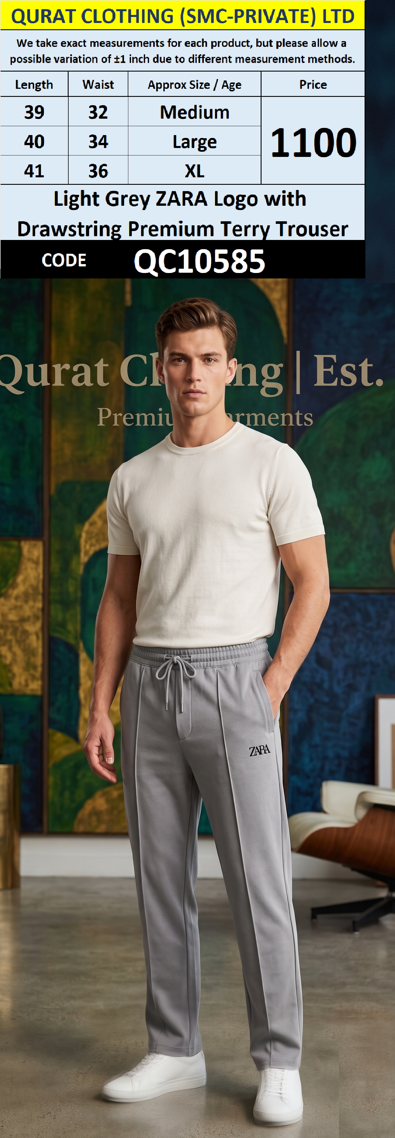 Light Grey ZARA Logo with Drawstring Premium Terry Trouser QC10585
