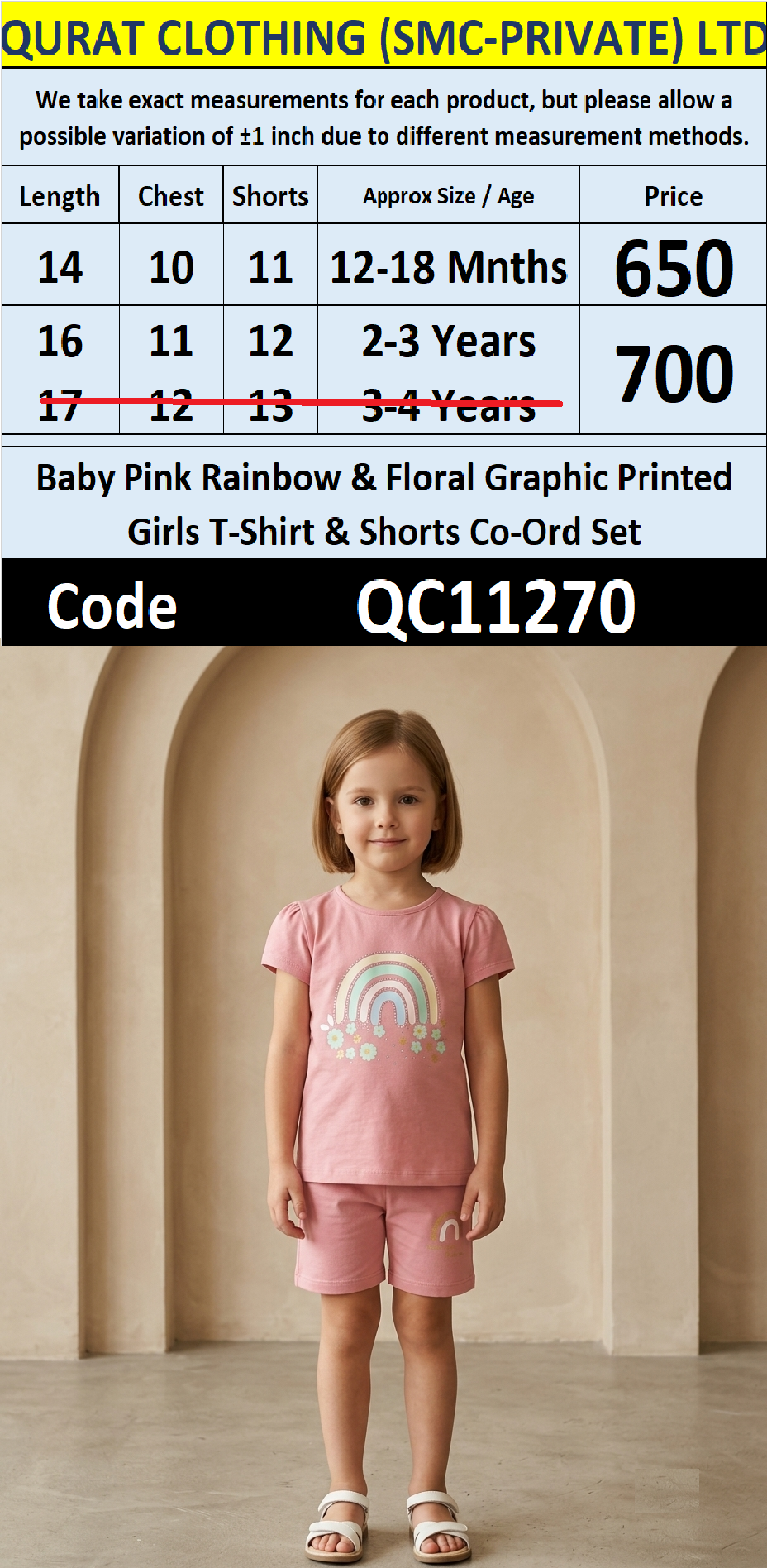 Baby Pink Rainbow & Flowers Graphic Girls T-Shirt & Shorts Set QC11270