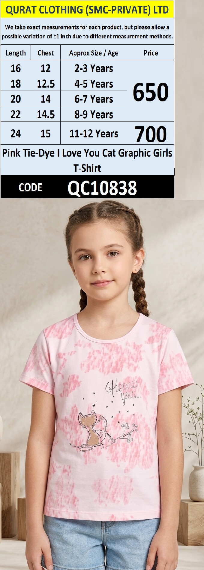 Pink Tie-Dye I Love You Cat Graphic Girls T-Shirt QC10838