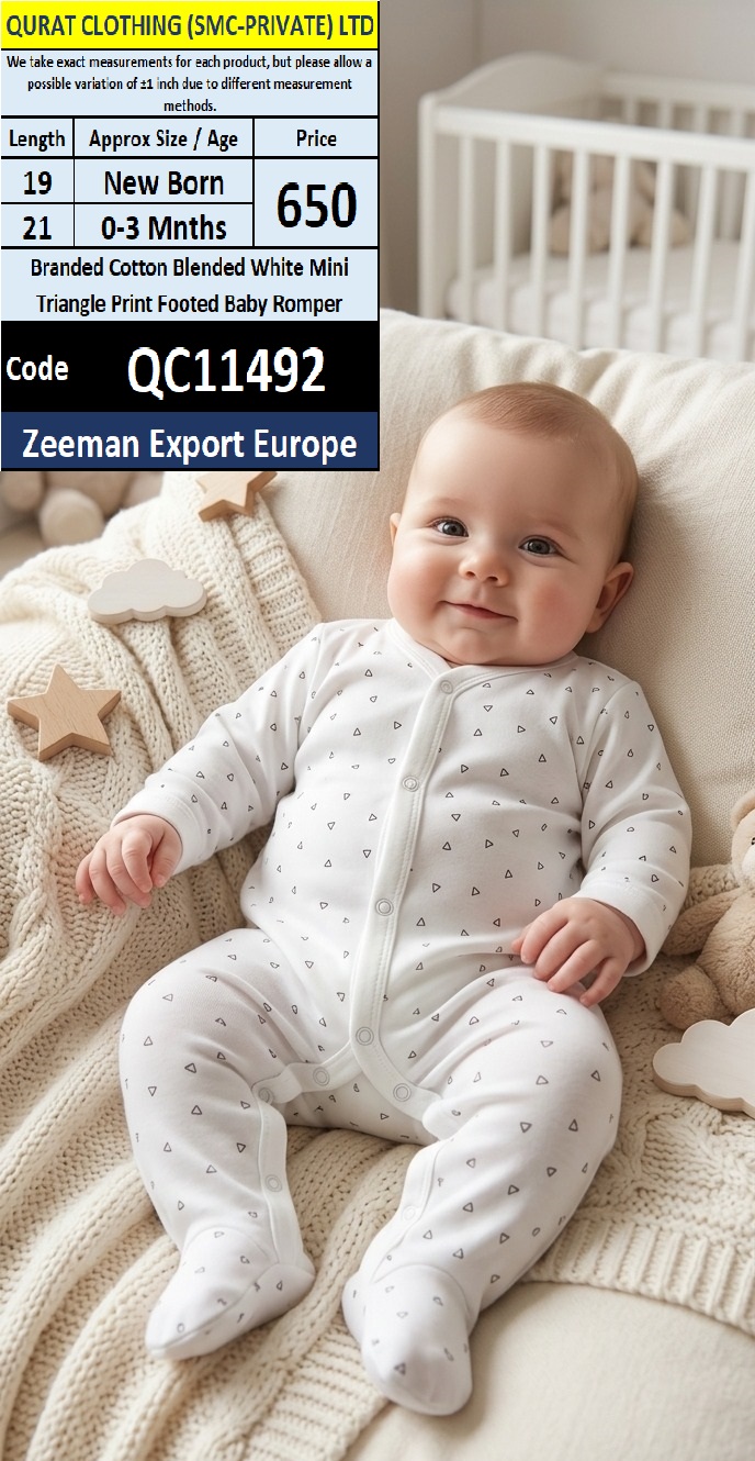 Zeeman Export Europe Branded Cotton Blended White Mini Triangle Print Footed Baby Romper – QC11492