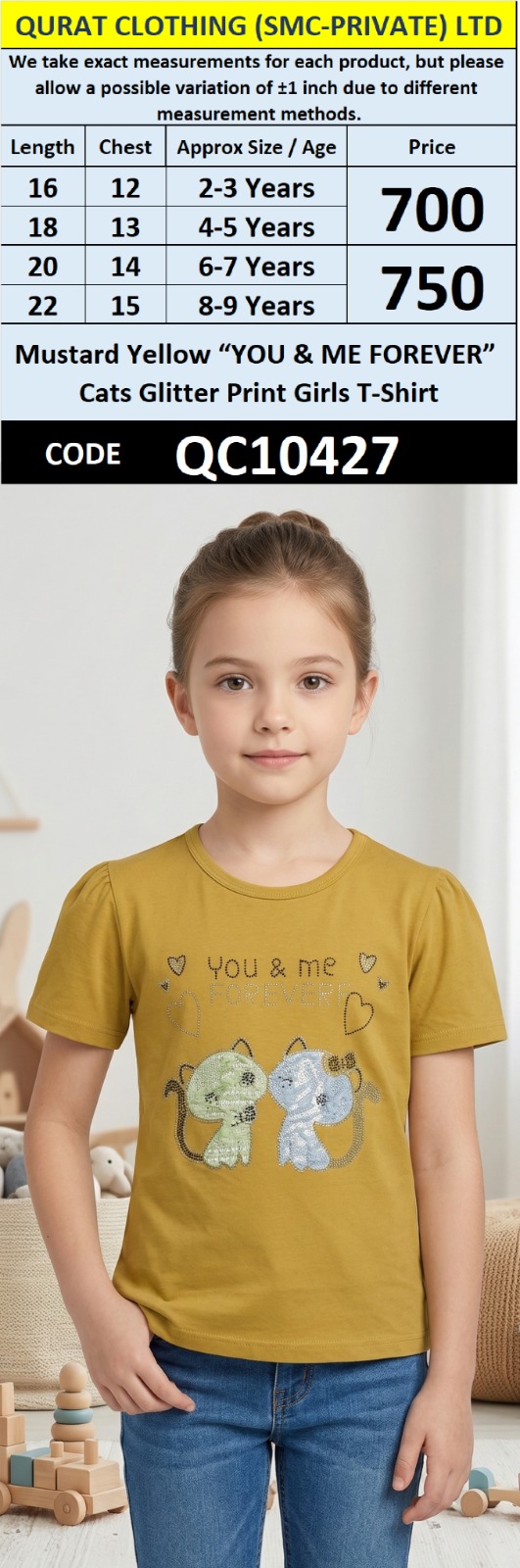 Mustard Yellow “YOU & ME FOREVER” Cats Glitter Print Girls T-Shirt – QC10427