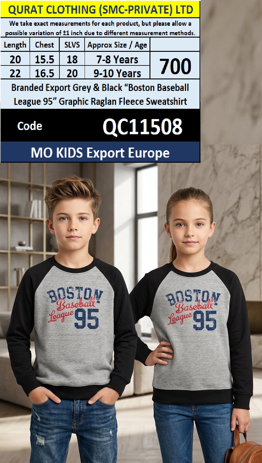 MO KIDS Export Europe Branded Grey & Black “Boston Baseball League 95” Graphic Raglan Fleece Sweatshirt – QC11508