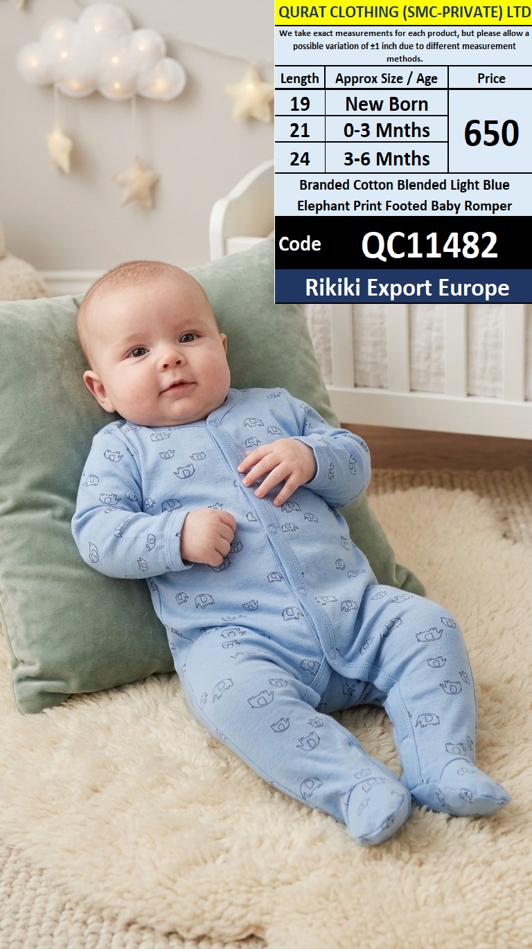 Rikiki Export Europe Branded Cotton Blended Light Blue Elephant Print Footed Baby Romper – QC11482