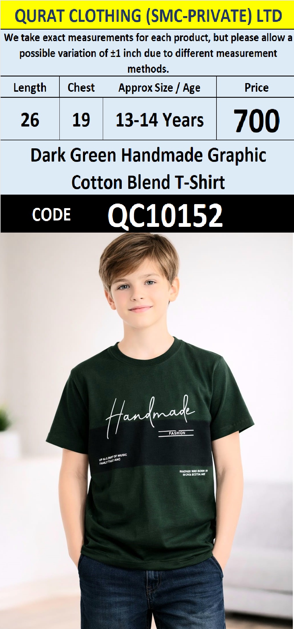 Dark Green Handmade Graphic Cotton Blend Round Neck T-Shirt QC10152
