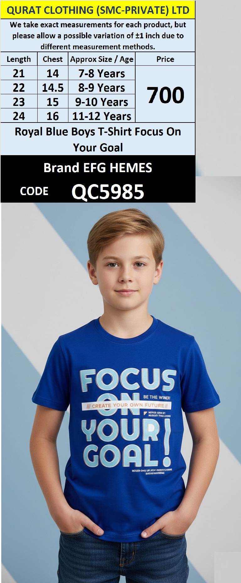 Royal Blue Cotton Blended T-Shirt FOCUS ON YOUR GOAL Printed Graphic – Kids Casual Tee – QC5985