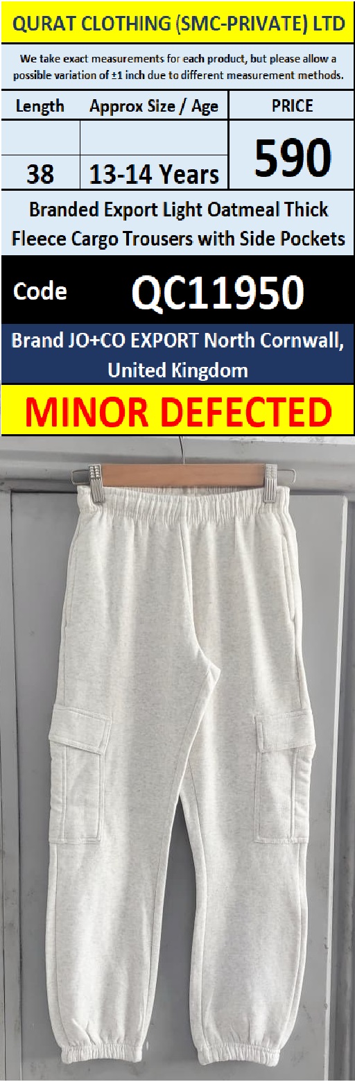 JO+CO Export North Cornwall, United Kingdom Branded Export Light Oatmeal Thick Fleece Cargo Trousers with Side Pockets – Minor Defected – QC11950