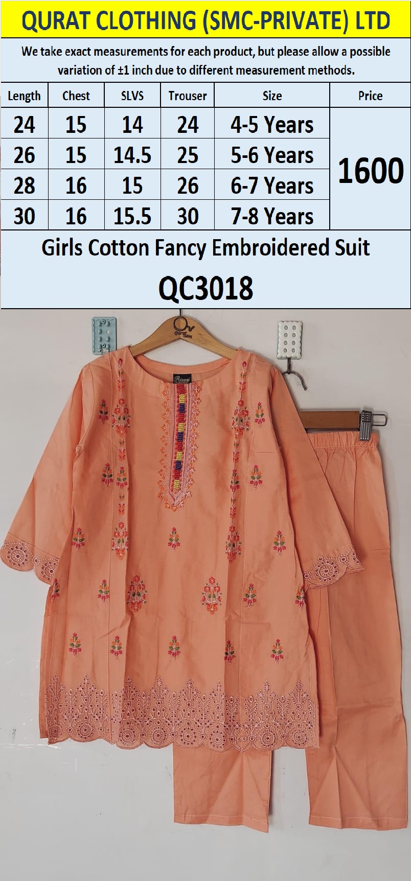 Girls Cotton Fancy Embroidered Suit QC3018 - QC3018