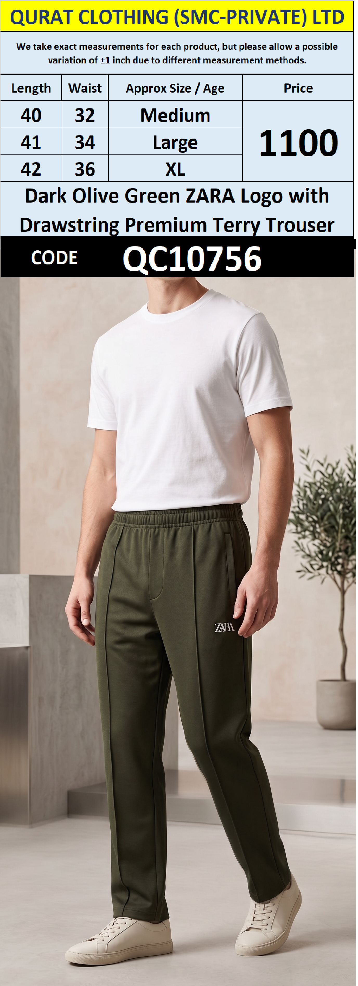 Dark Olive Green ZARA Logo with Drawstring Premium Terry Trouser QC10756