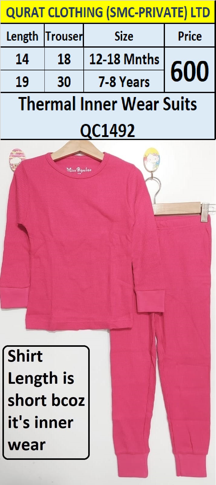 Shocking Pink Thermal Inner Wear Suits QC1492