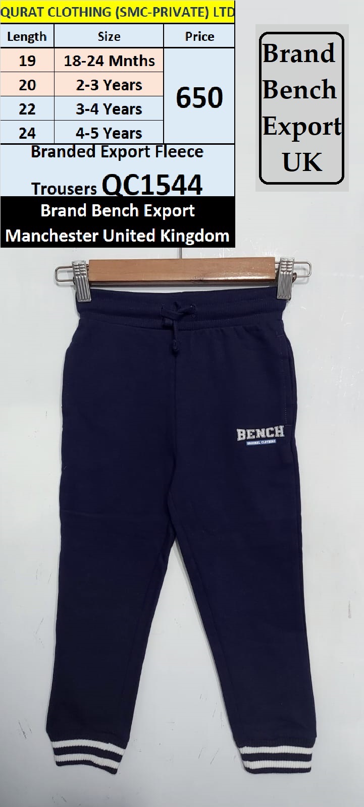 Bench Brand Fleece Blue Trouser QC1544 Export Manchester UK