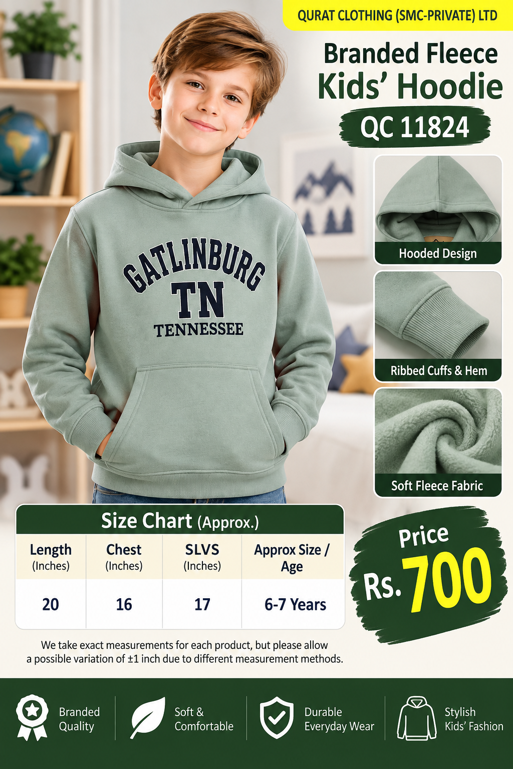Branded Sage Green Fleece Hoodie with Gatlinburg TN Tennessee lettering and kangaroo pocket — QC11824