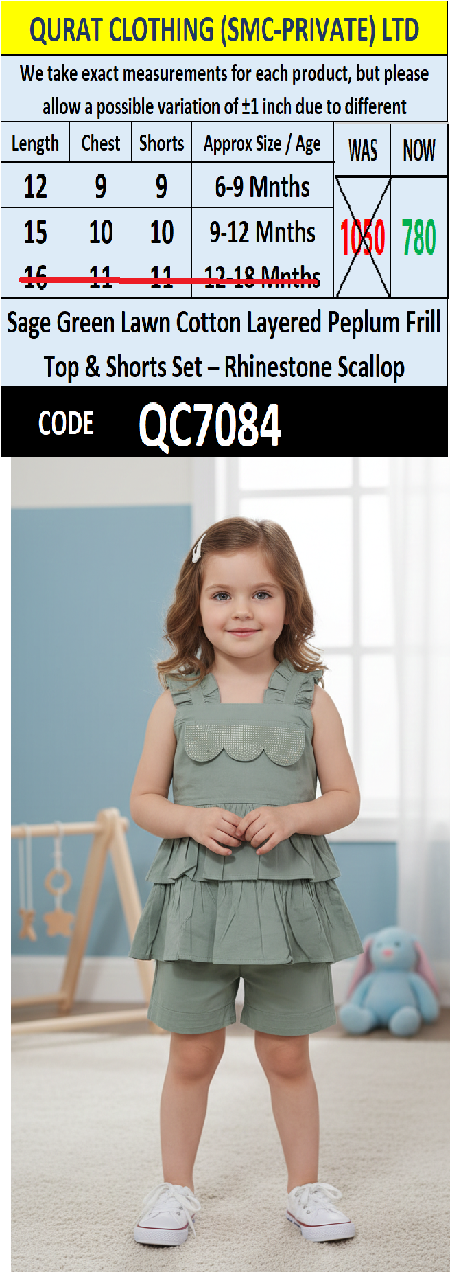 Sage Green Lawn Cotton Layered Peplum Frill Top & Shorts Set with Rhinestone Scallop – 2 Piece Outfit QC7084