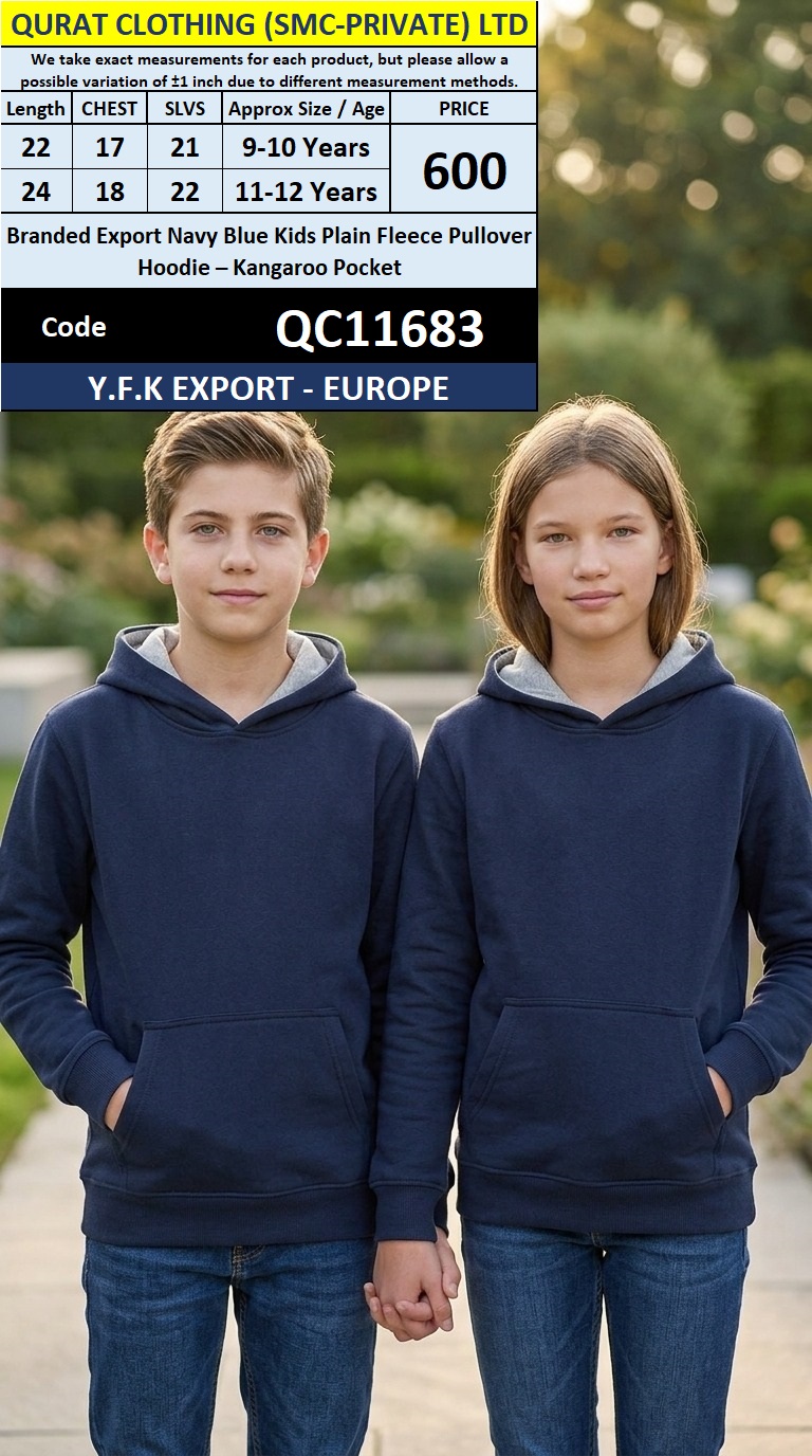 Branded Export Navy Blue Kids Plain Fleece Pullover Hoodie – Kangaroo Pocket QC11683