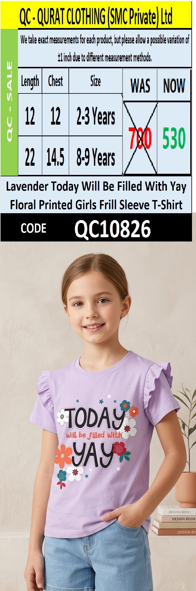 Lavender Today Will Be Filled With Yay Floral Printed Girls Frill Sleeve T-Shirt QC10826