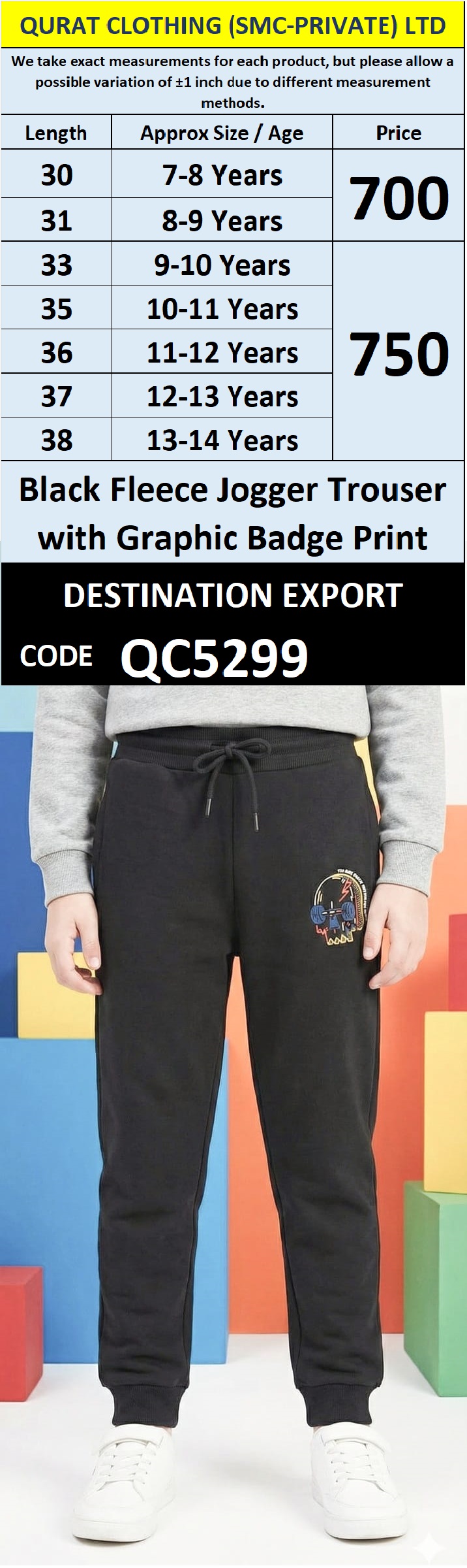 Black Fleece Jogger Trouser with Graphic Badge Print for Kids QC5299