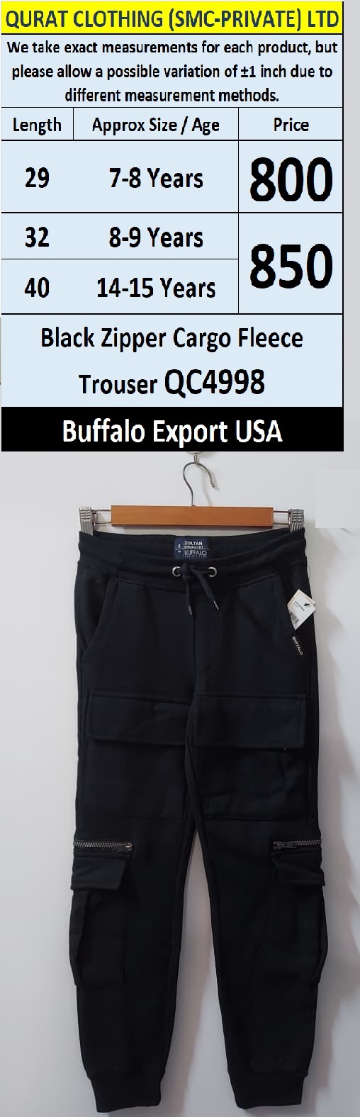 Buffalo Brand Black Zipper Cargo Fleece Trouser QC4998 – Export USA