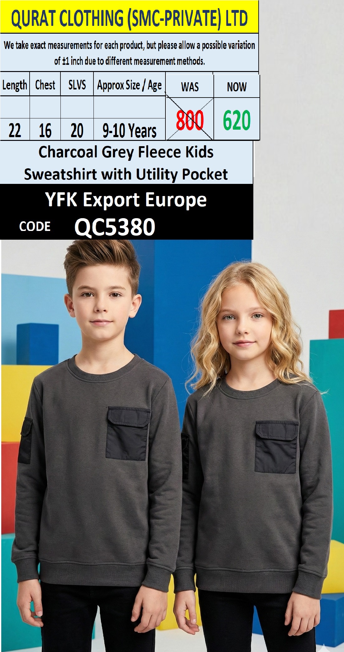 Charcoal Grey Fleece Kids Sweatshirt with Utility Pocket QC5380 | YFK Export Europe
