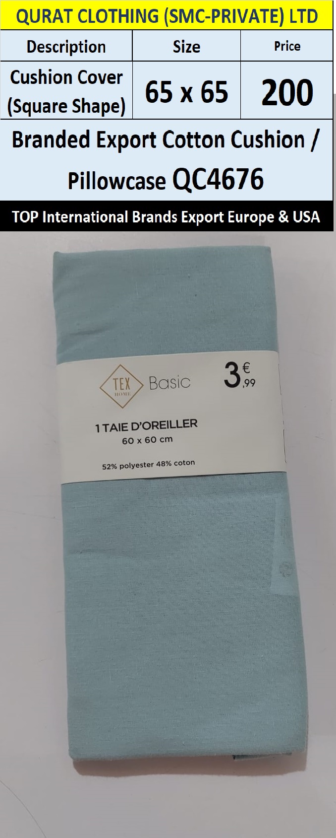Top Intl Brand Cotton Cushion Cover Square Shape QC4676 Export Europe & USA
