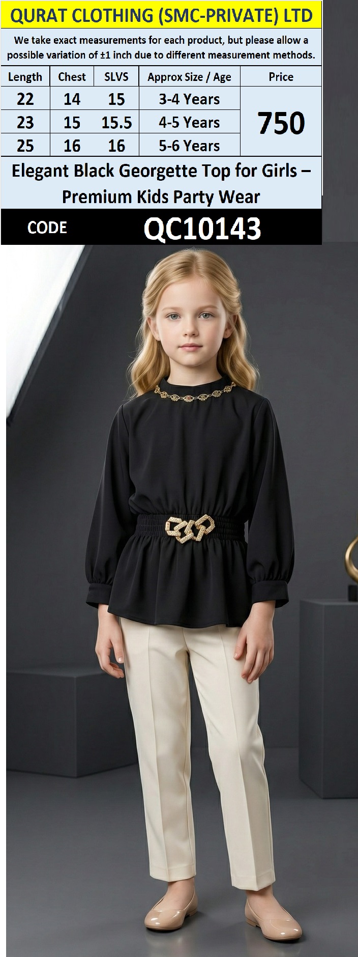 Elegant Black Georgette Top for Girls – Premium Kids Party Wear QC10143