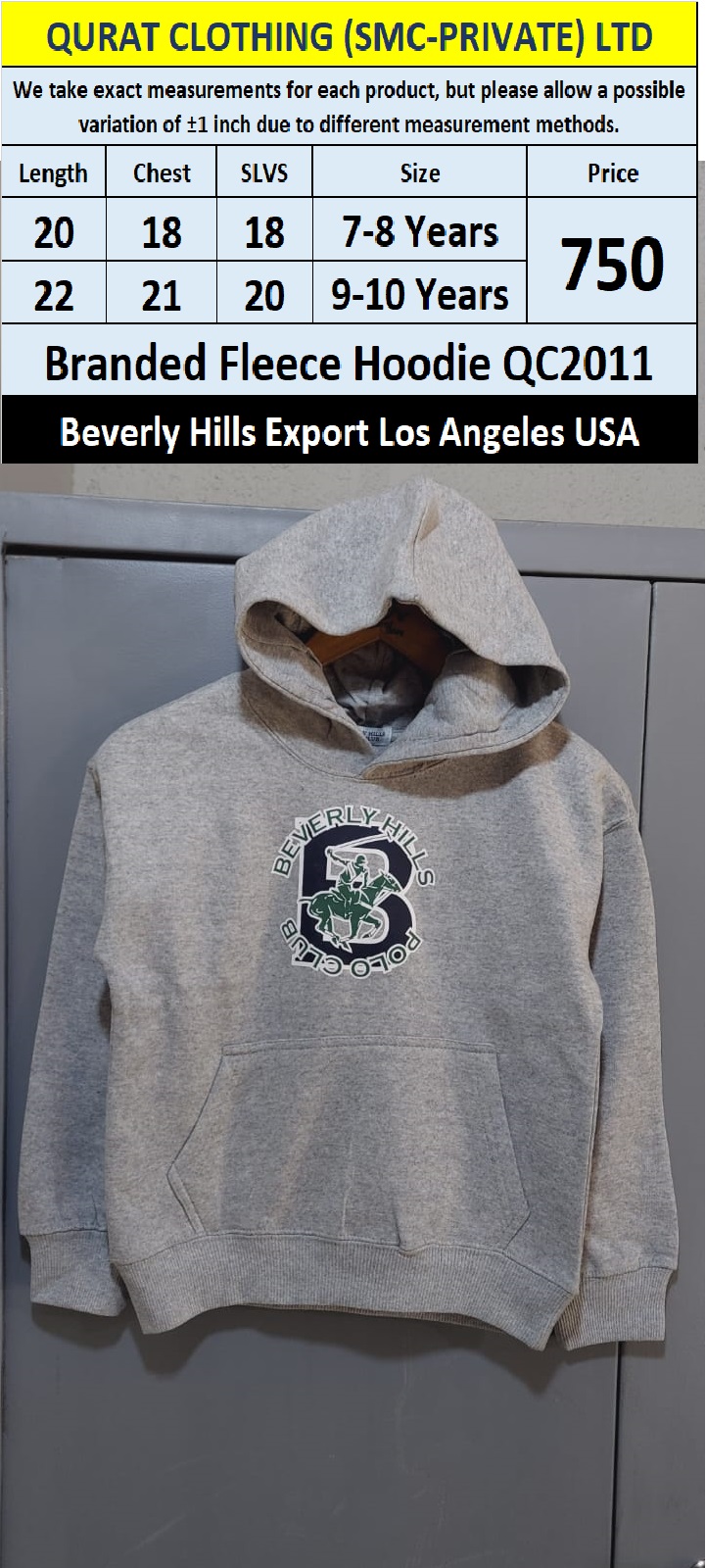 Beverly Hills Brand Fleece Hoodie QC2011 Export Los Angeles USA