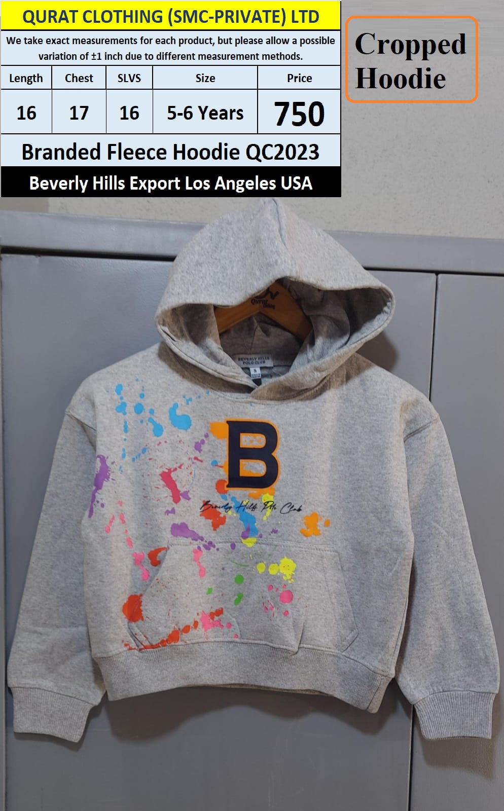 Beverly Hills Brand Fleece Cropped Hoodie QC2023 Export Los Angeles USA