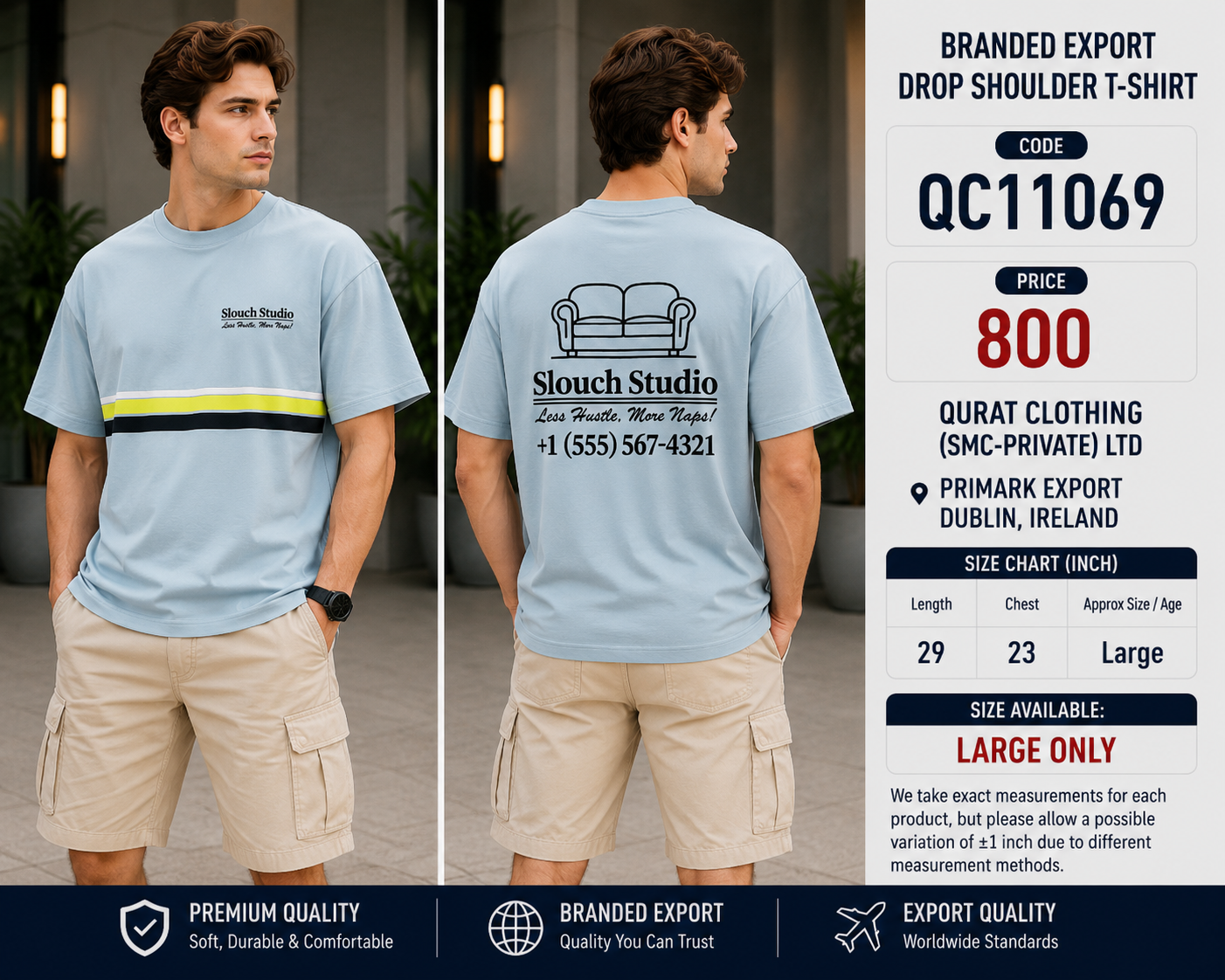 Light Blue Slouch Studio Stripe Branded Export Drop Shoulder T-Shirt QC11069 – Primark Export Dublin Ireland