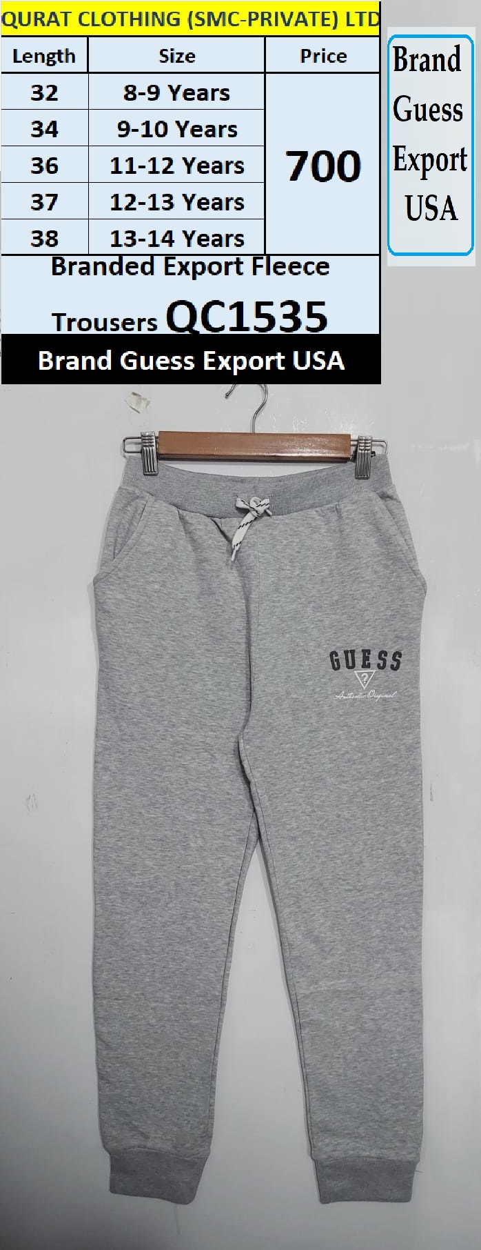 The Guess Brand Dark Grey Fleece Trouser QC1535 Export USA