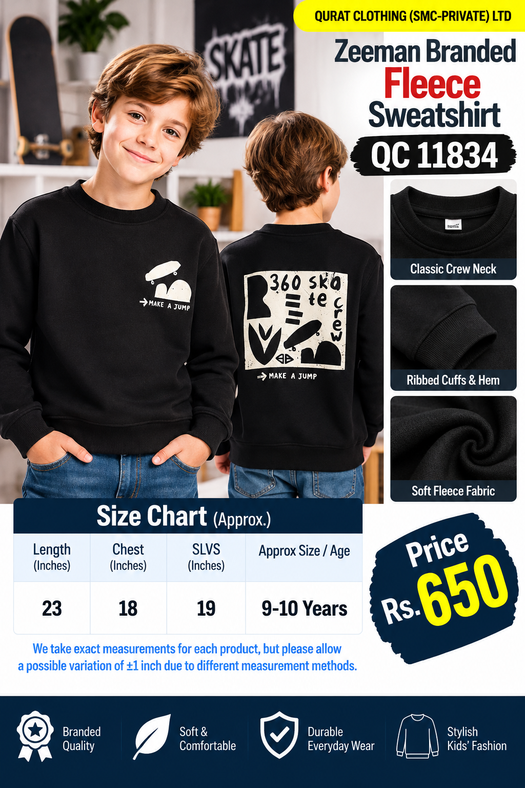 Zeeman Branded black fleece sweatshirt with white Make a Jump skateboard graphics on front and back — QC11834