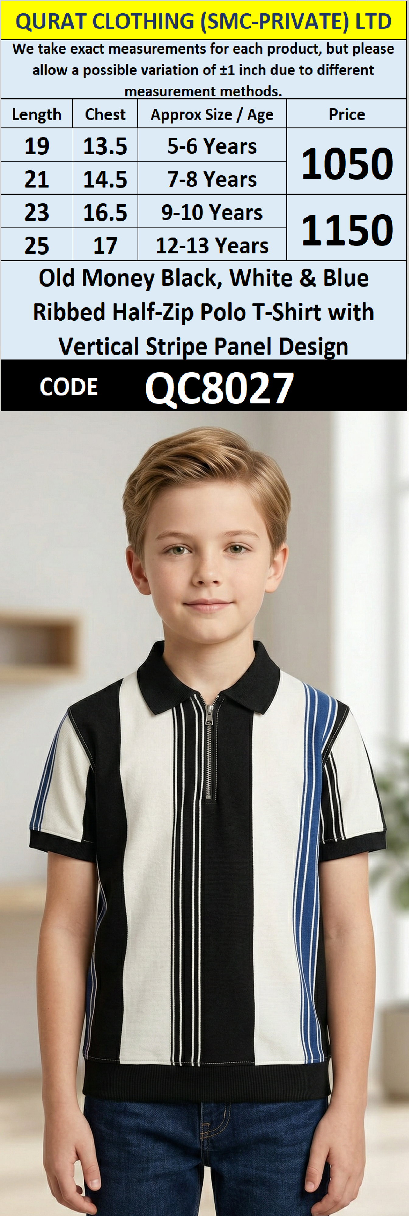 Old Money Black, White & Blue Ribbed Half-Zip Polo T-Shirt with Vertical Stripe Panel Design – QC8027