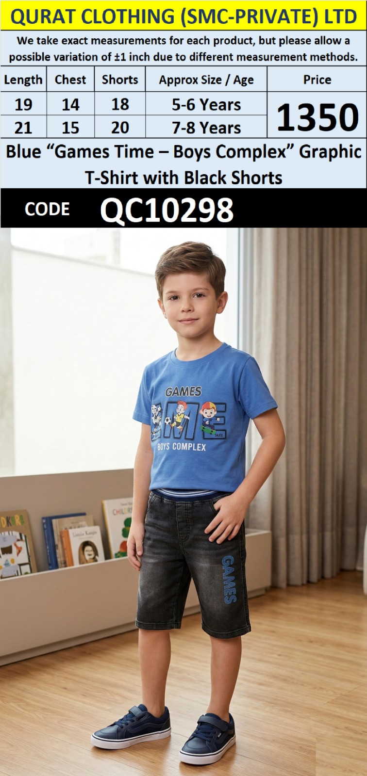 Blue “Games Time – Boys Complex” Graphic T-Shirt with Black Shorts – QC10298