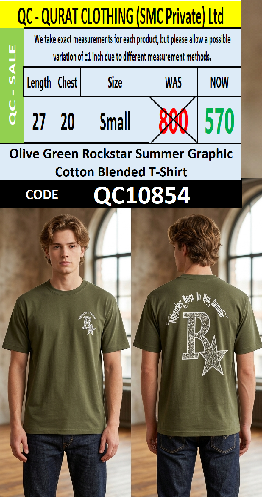 Olive Green Rockstar Summer Graphic Cotton Blended T-Shirt – QC10854
