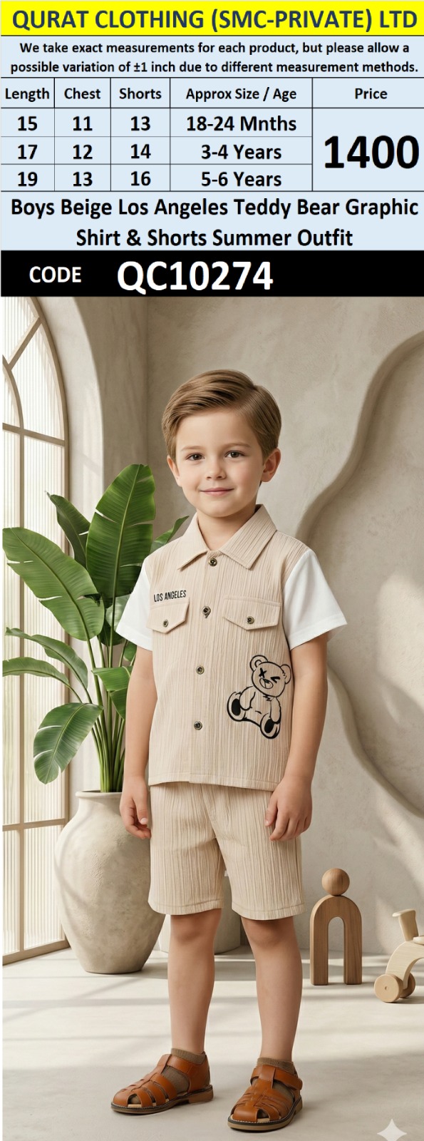 Boys Beige Los Angeles Teddy Bear Graphic Shirt & Shorts Summer Outfit – QC10274 - QC10274