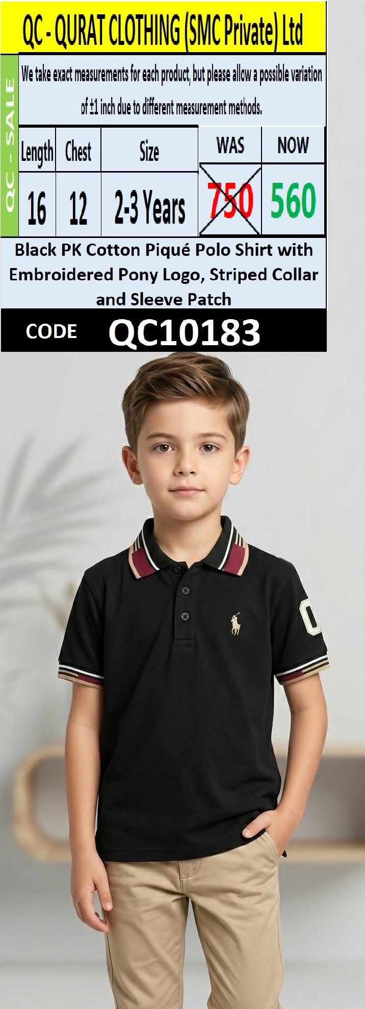 Black PK Cotton Piqué Polo Shirt with Embroidered Pony Logo, Striped Collar and Sleeve Patch – QC10183