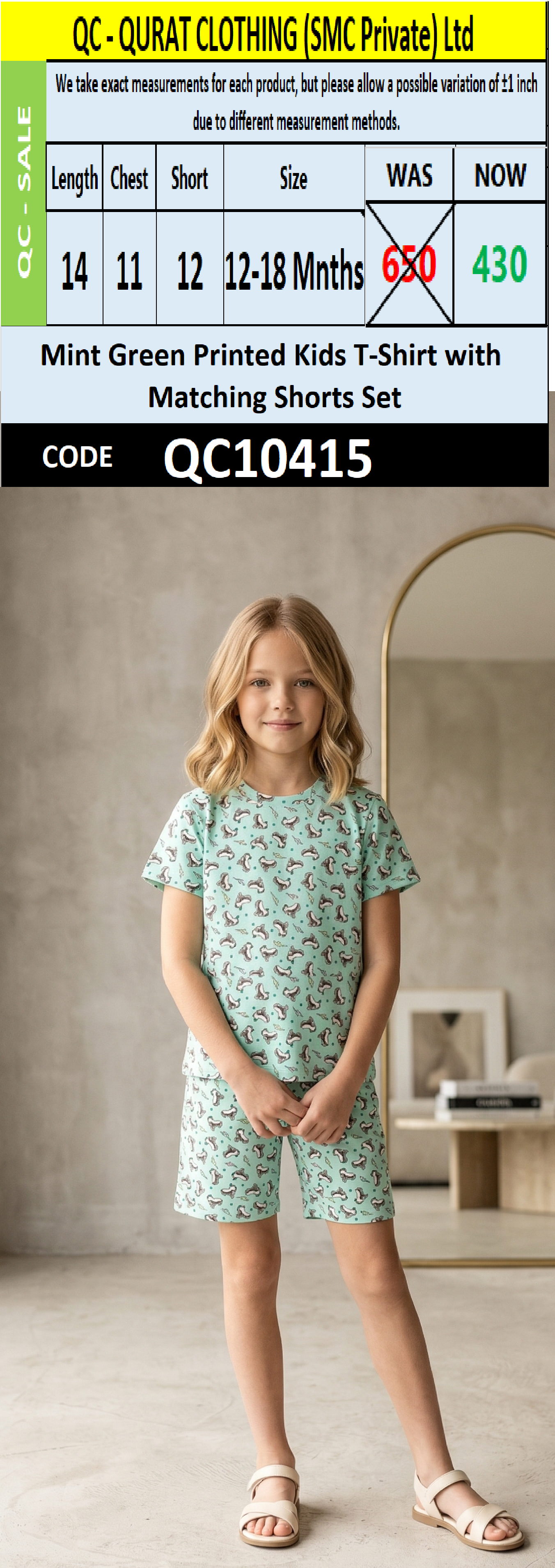 Mint Green Printed Kids T-Shirt with Matching Shorts Set QC10415