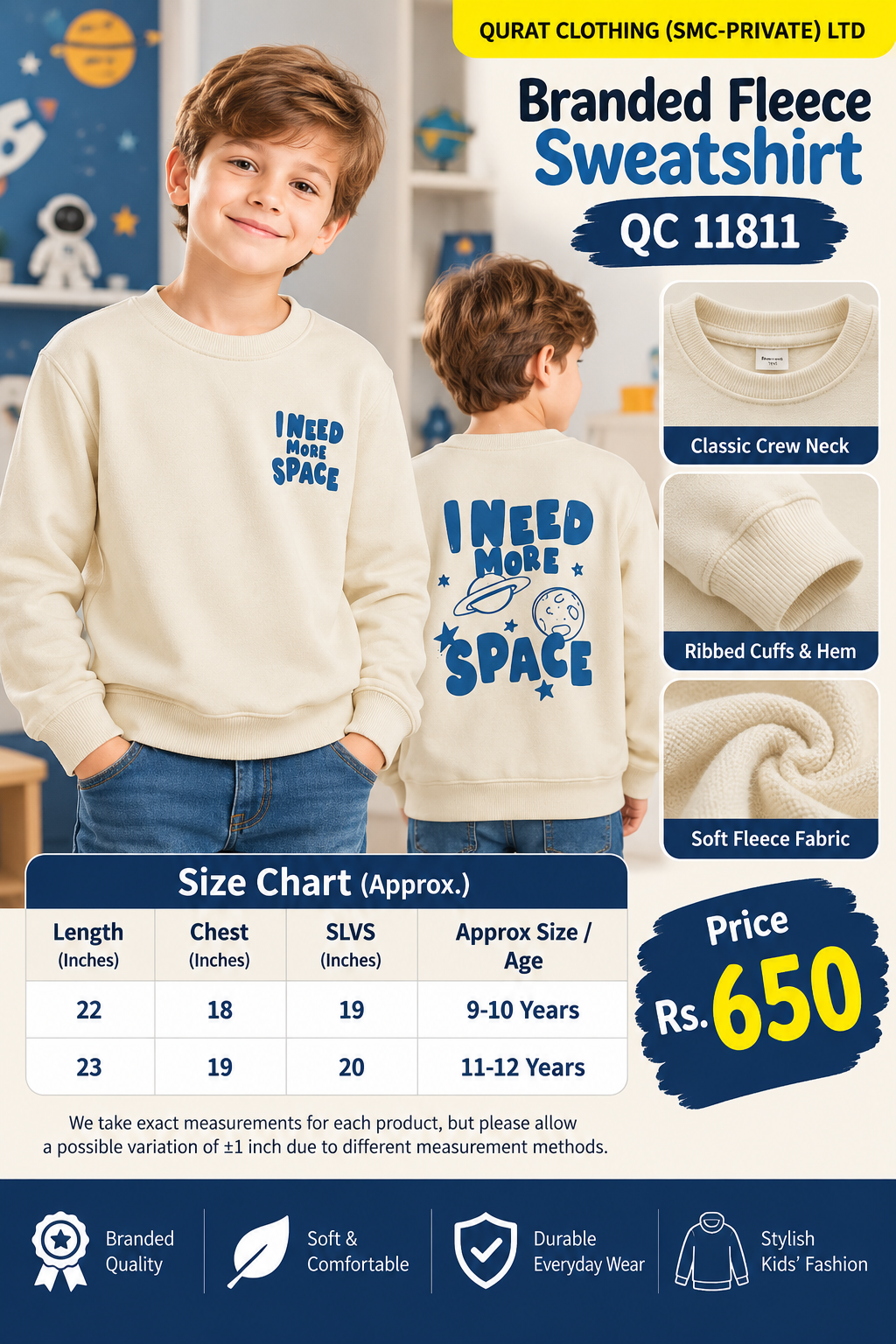 Branded Kids’ Cream Fleece Sweatshirt with blue “I NEED MORE SPACE” lettering with planets and stars on the back and matching chest lettering — QC11811