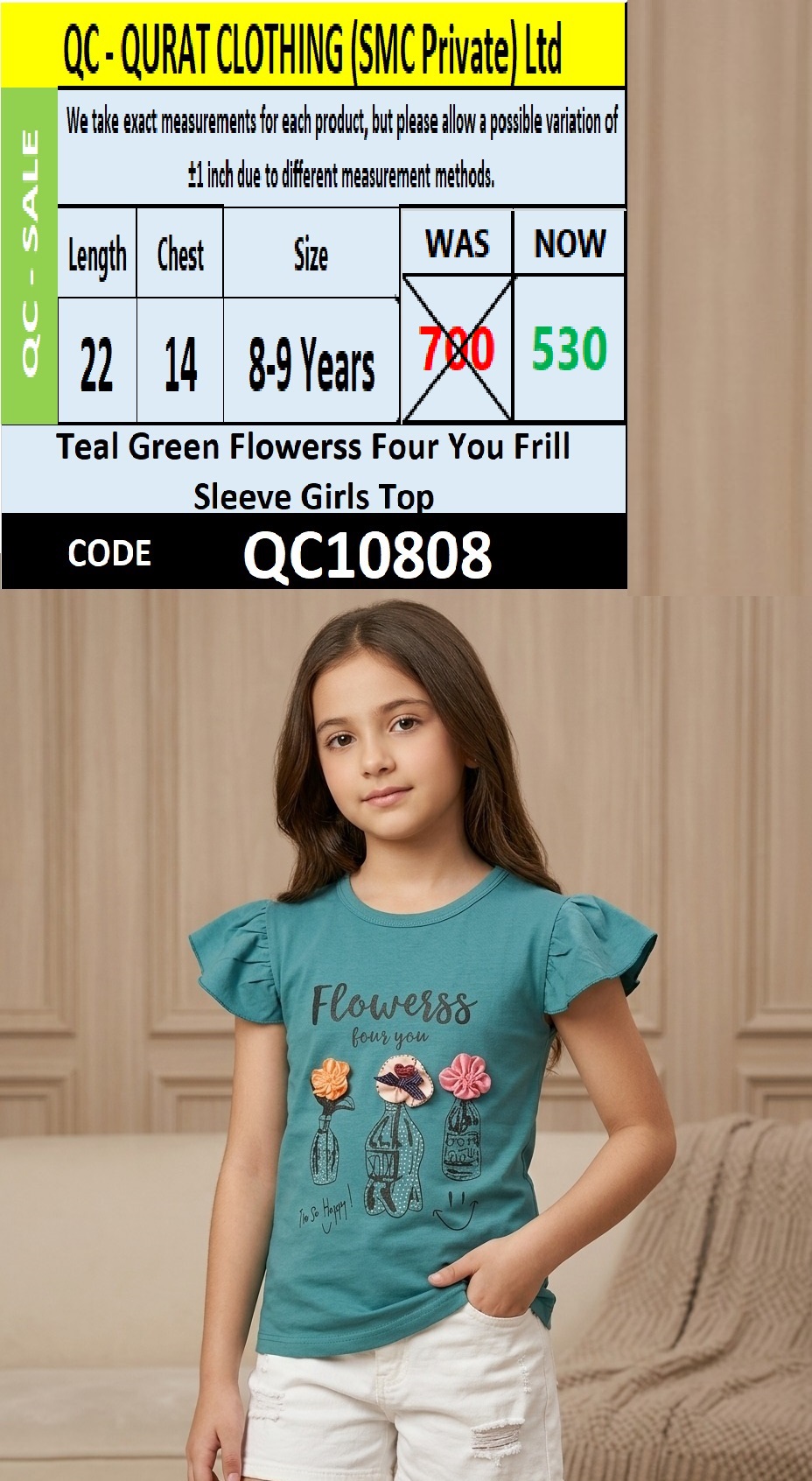 Teal Green Flowerss Four You Frill Sleeve Girls Top QC10808