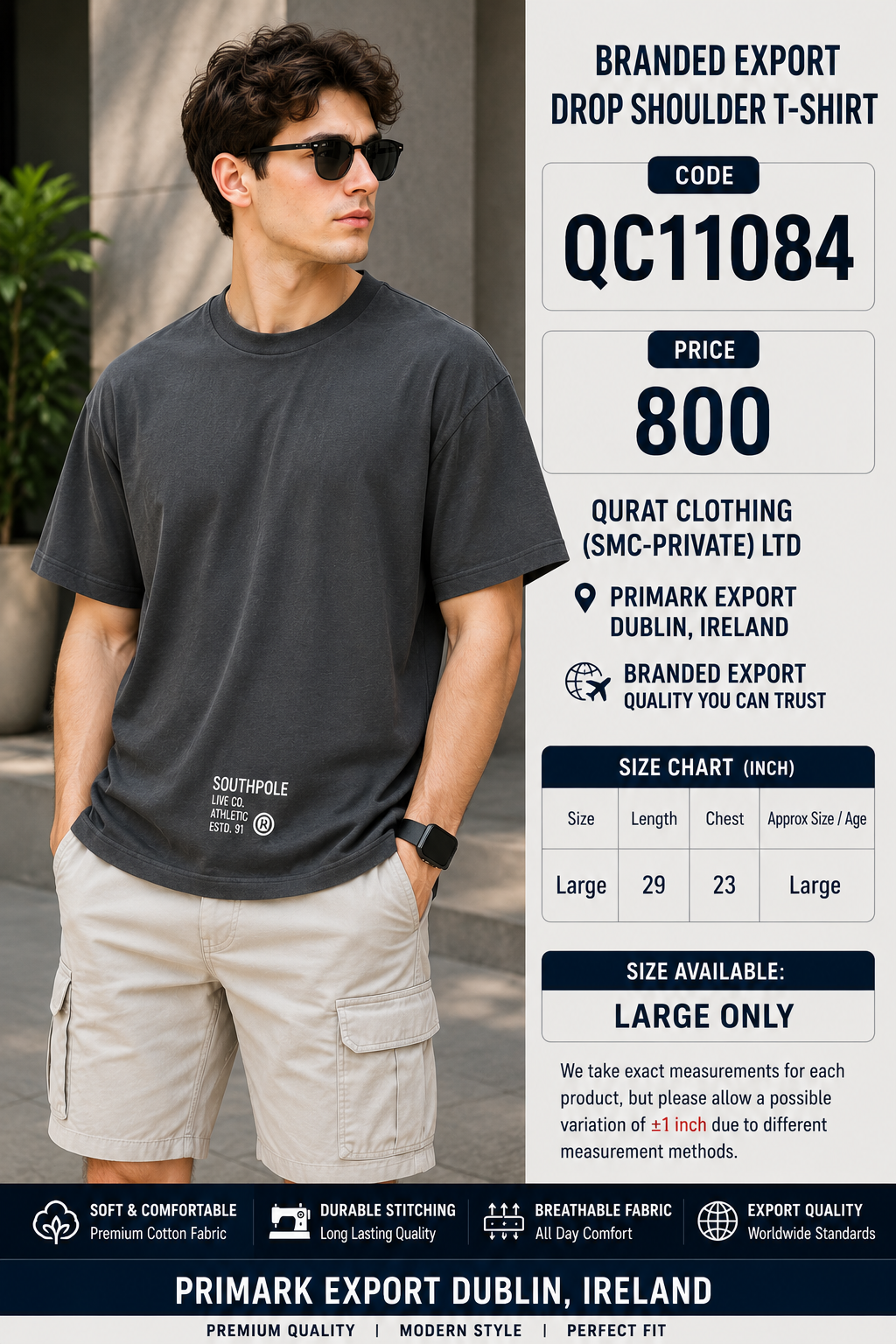 Charcoal Grey Southpole Printed Branded Export Drop Shoulder T-Shirt QC11084 – Primark Export Dublin Ireland