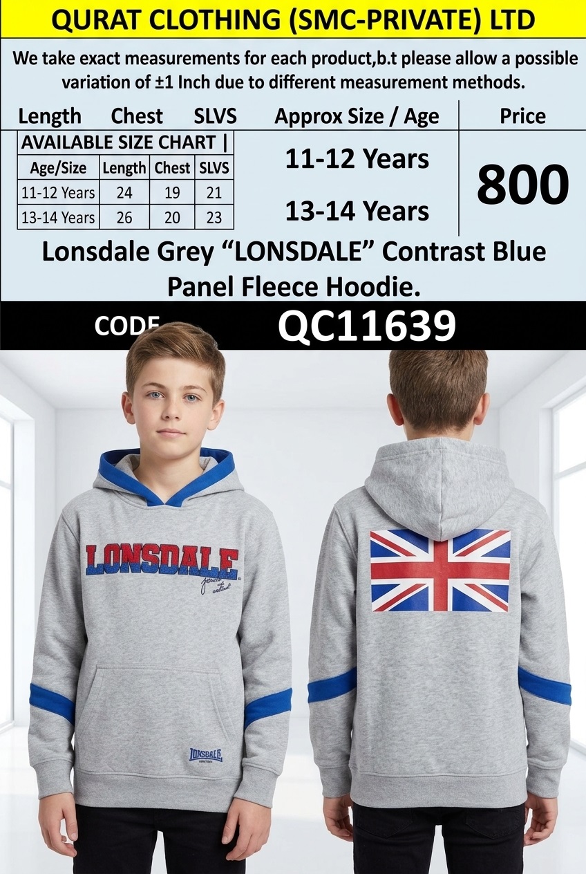 Lonsdale Grey “LONSDALE” Contrast Blue Panel Fleece Hoodie – QC11639