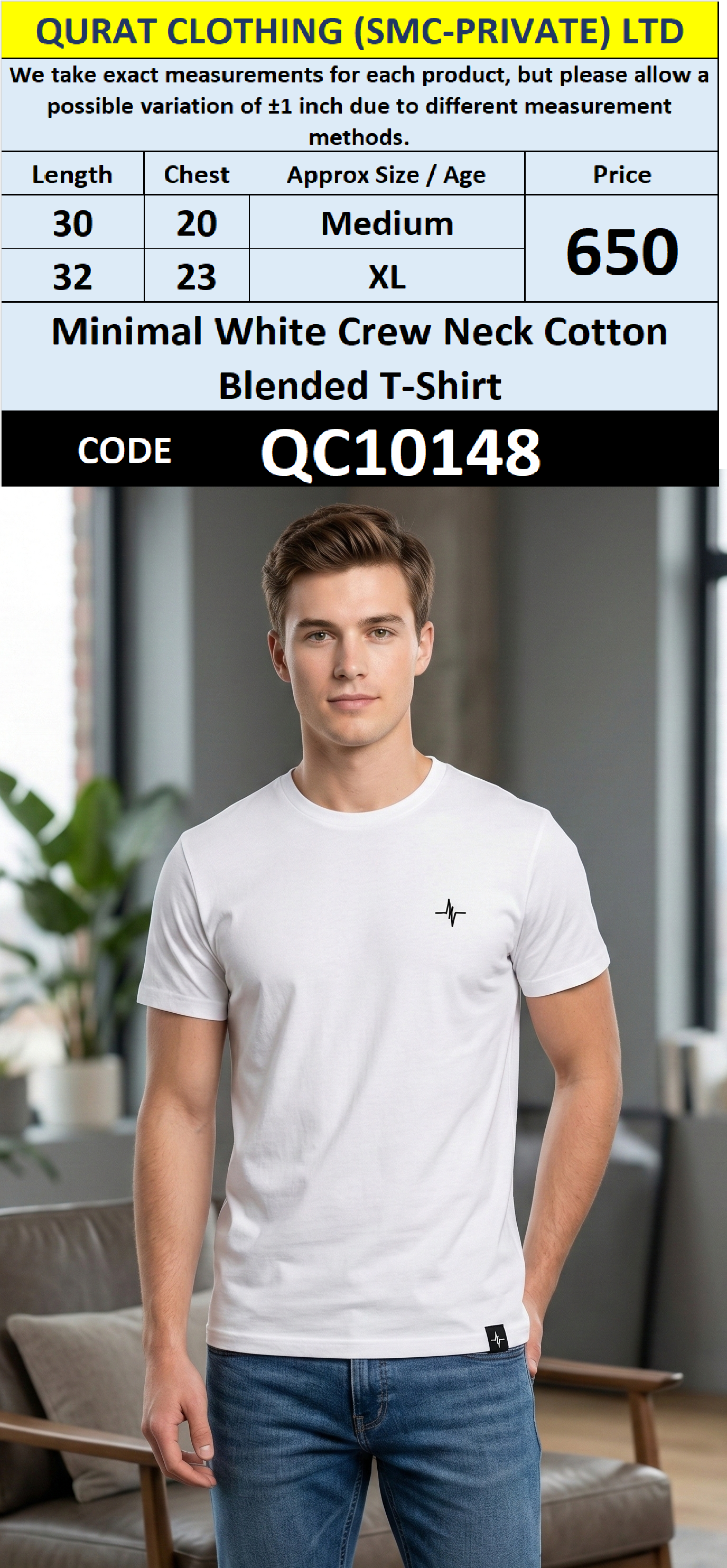 Minimal White Crew Neck Cotton Blended T-Shirt QC10148