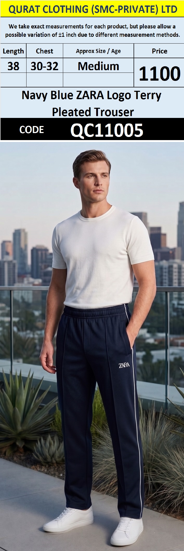 Navy Blue ZARA Logo Terry Pleated Trouser – QC11005