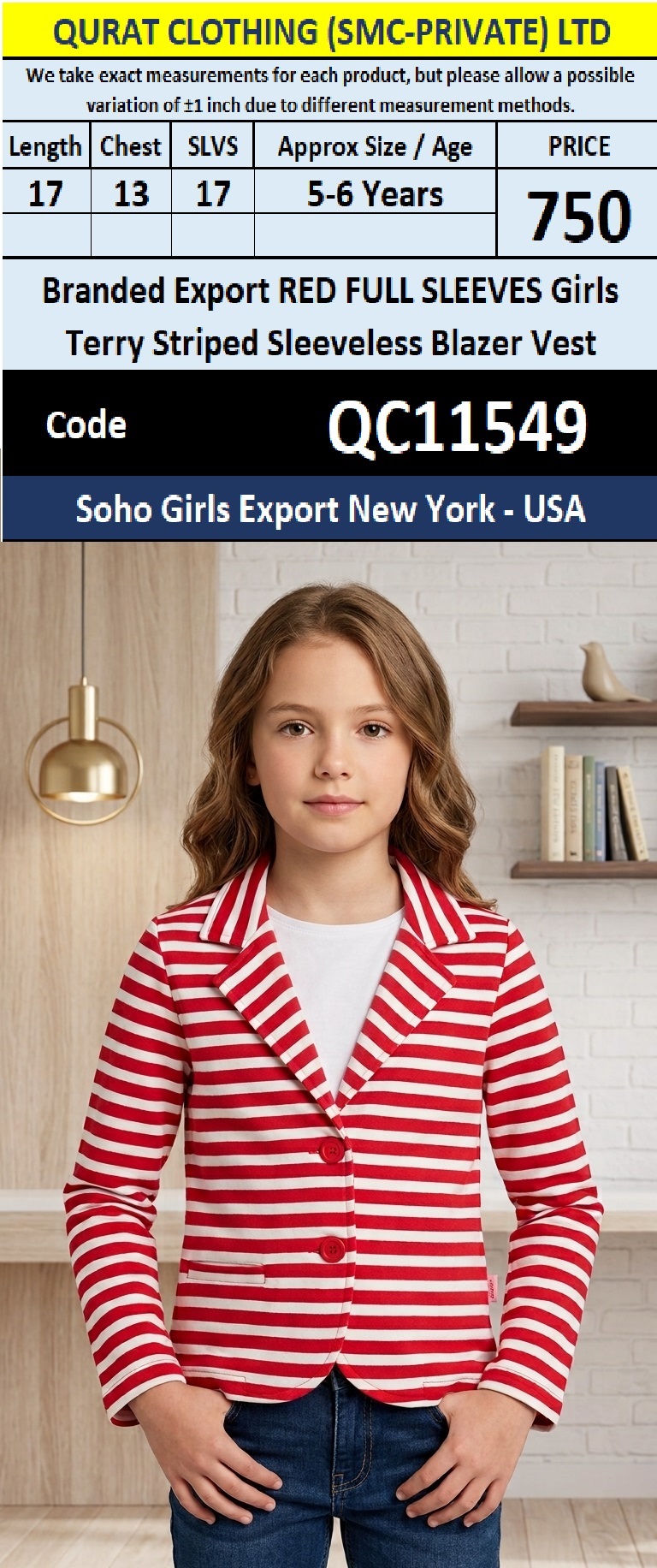 Soho Girls Export New York - USA | Branded Export RED FULL SLEEVES Girls Terry Striped Sleeveless Blazer Vest QC11549