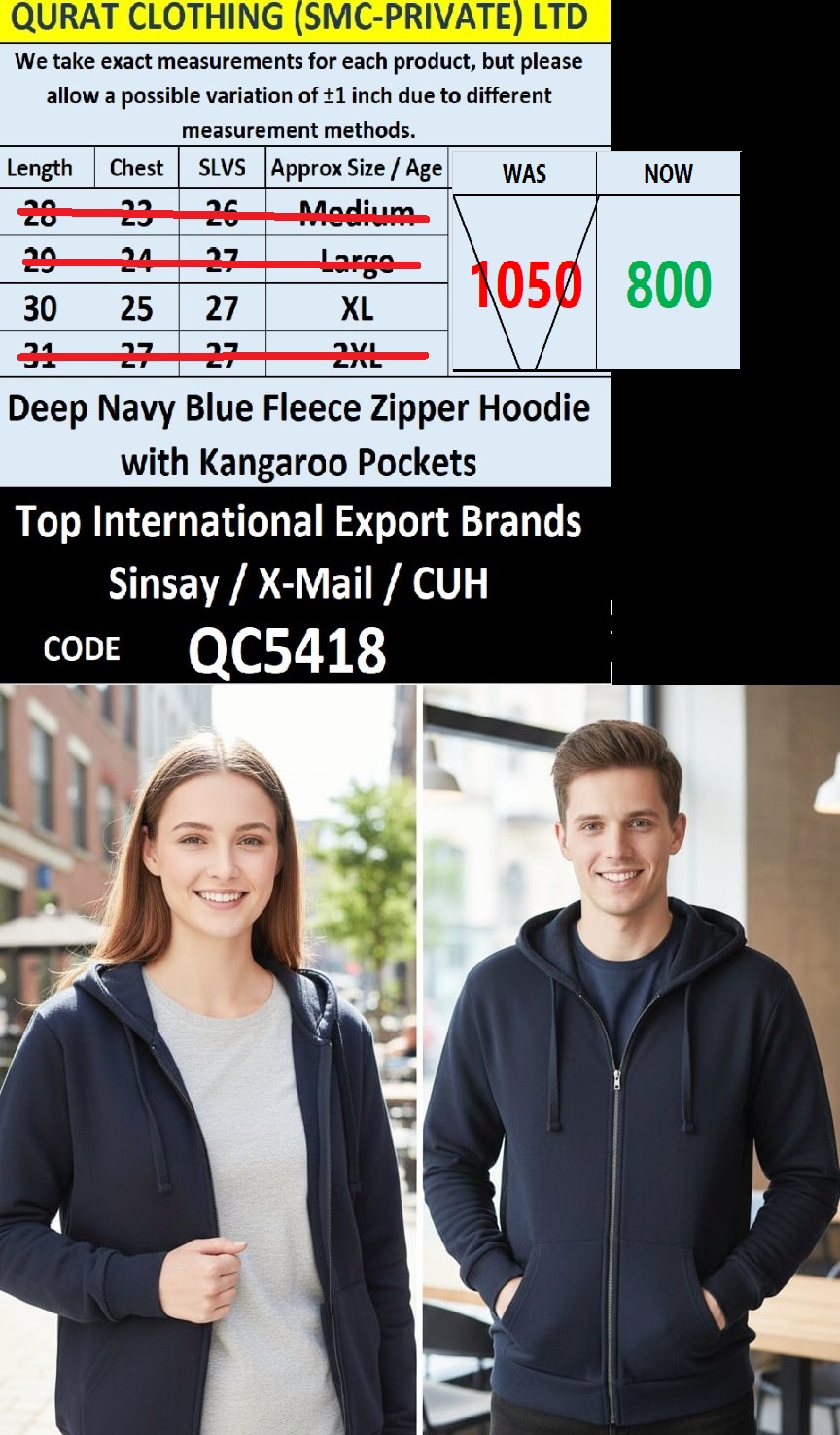 Deep Navy Blue Fleece Zipper Hoodie with Kangaroo Pockets QC5418