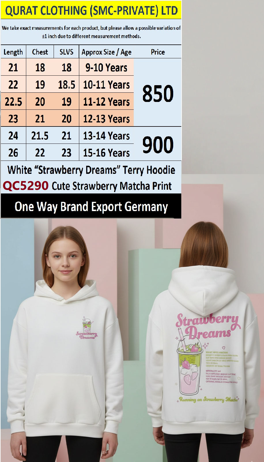 One Way Brand White “STRAWBERRY DREAMS” Terry Hoodie QC5290 – Export Germany