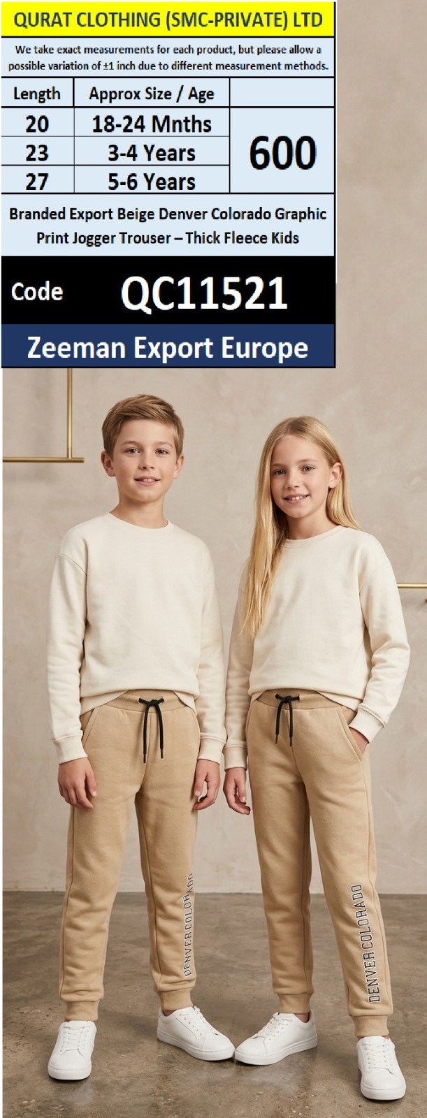 Zeeman Export Europe Branded Beige “Denver Colorado” Graphic Print Jogger Trouser – Thick Fleece Kids – QC11521