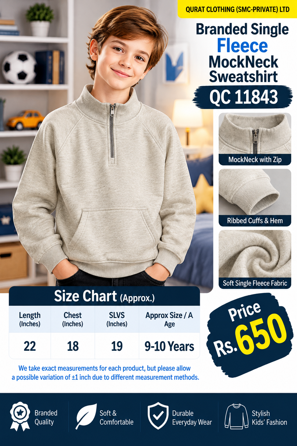 Branded oatmeal marl single fleece mock neck sweatshirt with short front zipper and kangaroo pocket — QC11843