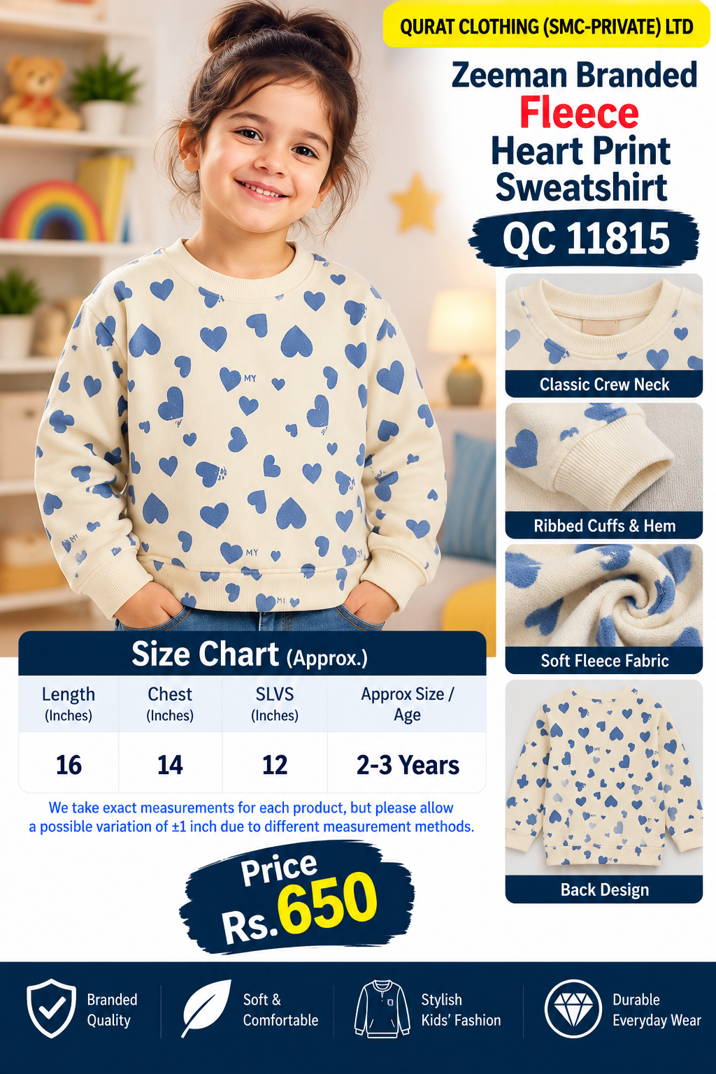 Zeeman Branded Kids’ Cream And Blue Fleece Heart Print Sweatshirt with all-over blue hearts with small lettering — QC11815