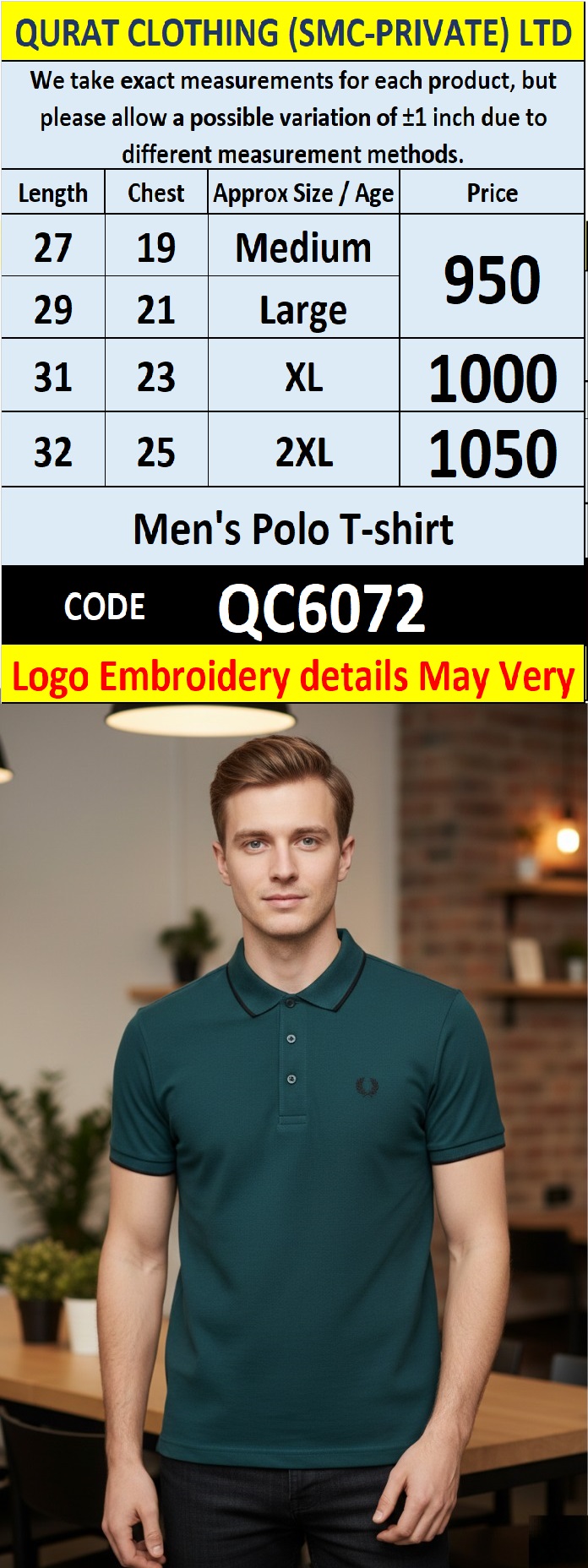 Teal Green PK Cotton Piqué Polo T-Shirt Embroidered Logo Men’s Regular Fit – QC6072