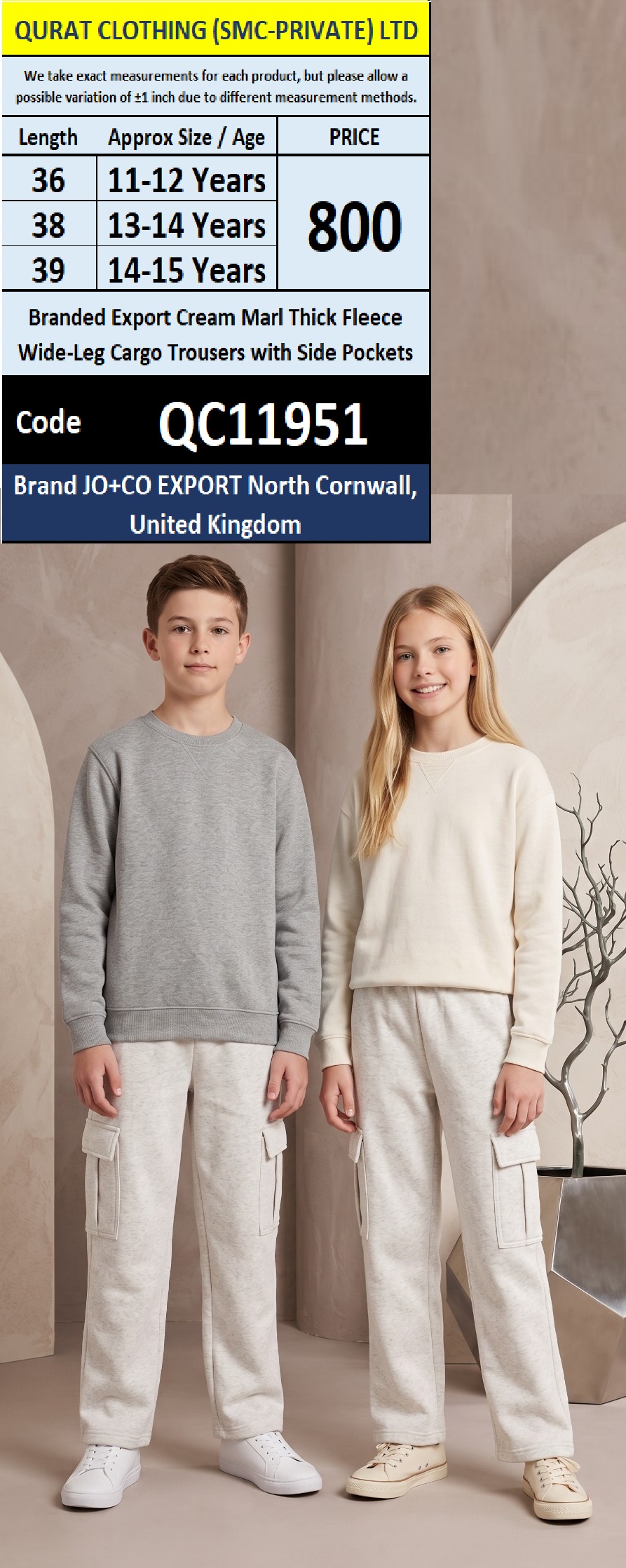 JO+CO Export North Cornwall, United Kingdom Branded Export Cream Marl Thick Fleece Wide-Leg Cargo Trousers with Side Pockets – QC11951