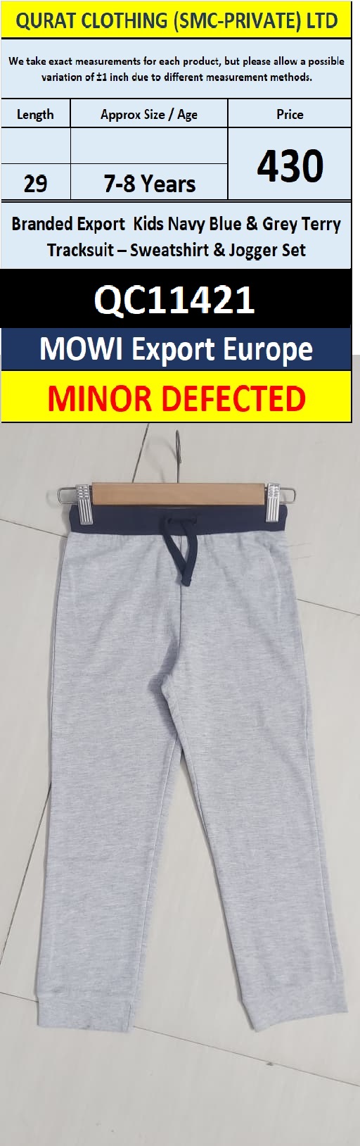 MOWI Export Europe Kids Navy Blue & Grey Terry Trouser – QC11421 - Minor Defected